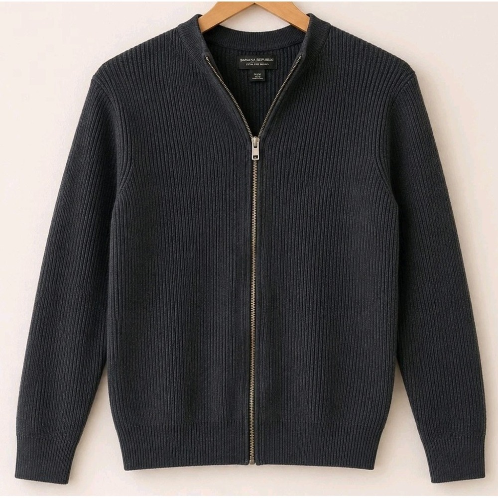 AllSaints Ribbed Zip Cardigan Mens XS Dark Gray Wool Blend Sweater Full Zip